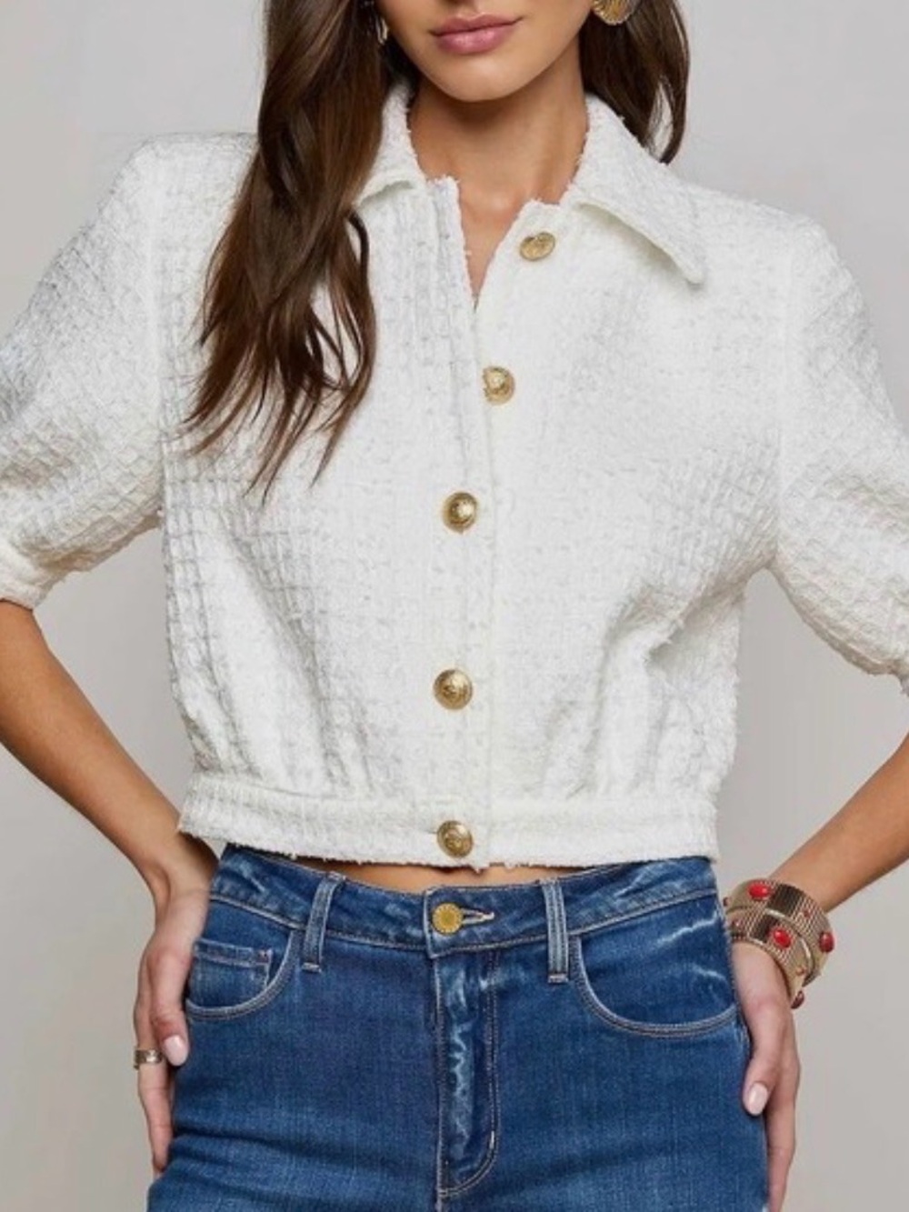 L’Agence Cove Cropped Tweed Jacket | White | Size 4 | NWT